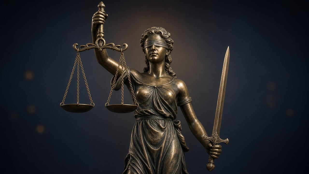 Bronze statue of blindfolded Lady Justice holding balanced scales and a sword