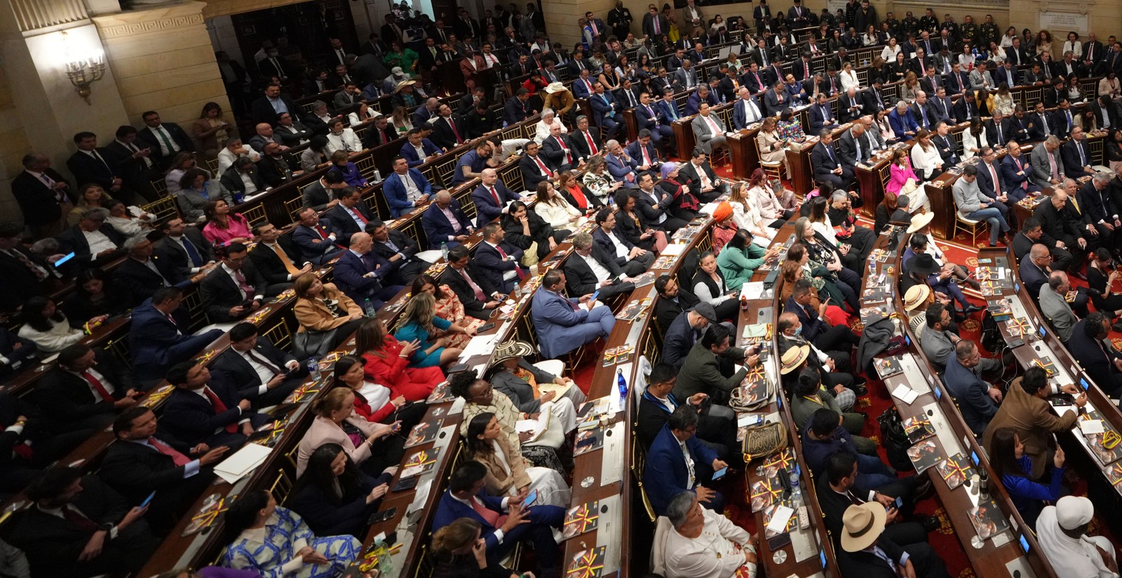 Members of Colombia's Congress seated in the chamber of the Capitolio Nacional in Bogotá during a session