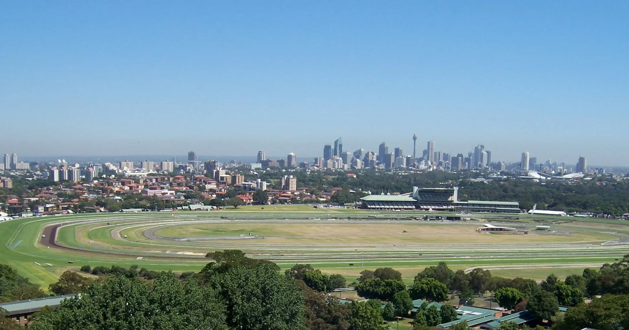 Royal Randwick Racecourse in Sydney with the city skyline in the background under a clear sky Royal Randwick Racecourse in Sydney with the city skyline in the background under a clear sky